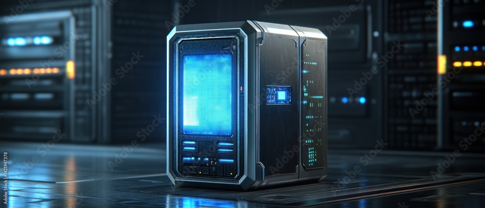 Obraz premium Futuristic Server Cube: Advanced Data Storage in a Sci-Fi Setting