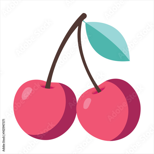 Flat style vector illustration of two red cherries with a green leaf. Clean and minimal fruit design ideal for packaging, branding, web, and print materials.
