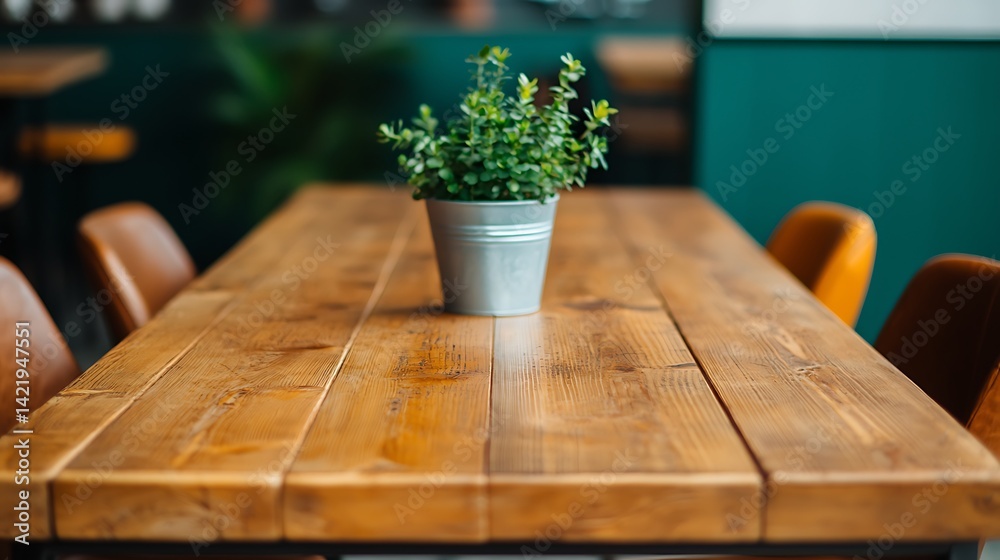 Rustic Wooden Table with Small Potted Green Plant and Contemporary Chairs in Warm Light Interior Space.