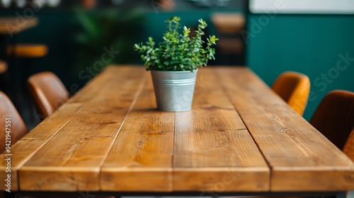 Obraz na płótnie Rustic Wooden Table with Small Potted Green Plant and Contemporary Chairs in Warm Light Interior Space. w salonie