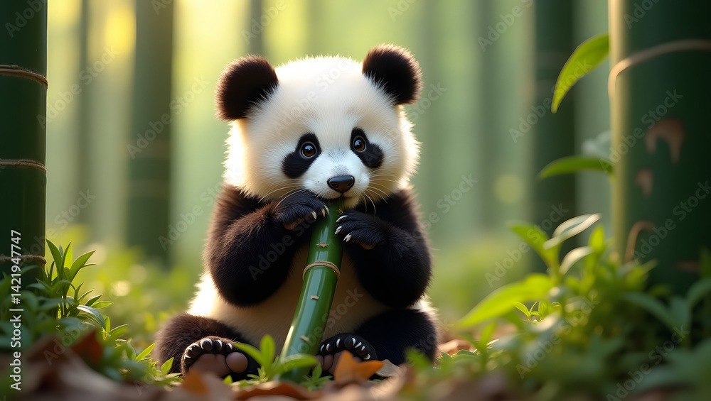 Obraz premium panda eating bamboo