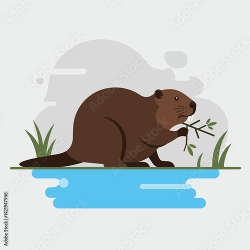Beaver eating branch by riverbank with grass and water in natural habitat wildlife scene illustration 