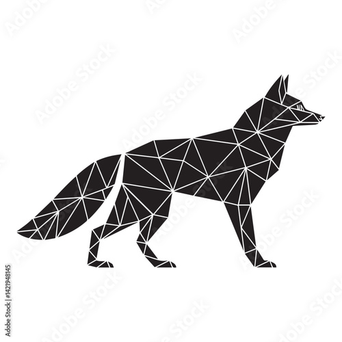 Fox silhouette, Modern geometric fox silhouette made of triangles and sharp angles, single-color black, vector art style, symmetrical, abstract but recognizable, isolated on white. EPS/SVG compatible.