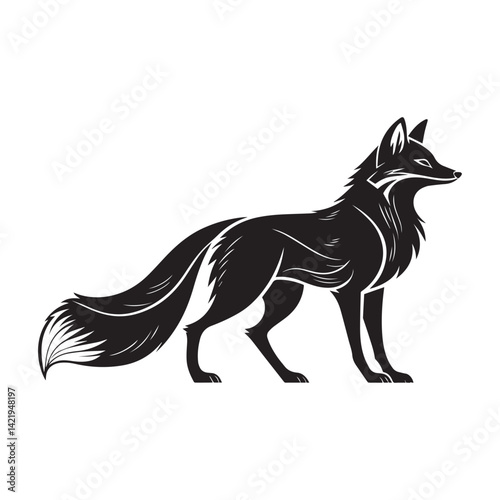 Fox silhouette, Modern geometric fox silhouette made of triangles and sharp angles, single-color black, vector art style, symmetrical, abstract but recognizable, isolated on white. EPS/SVG compatible.
