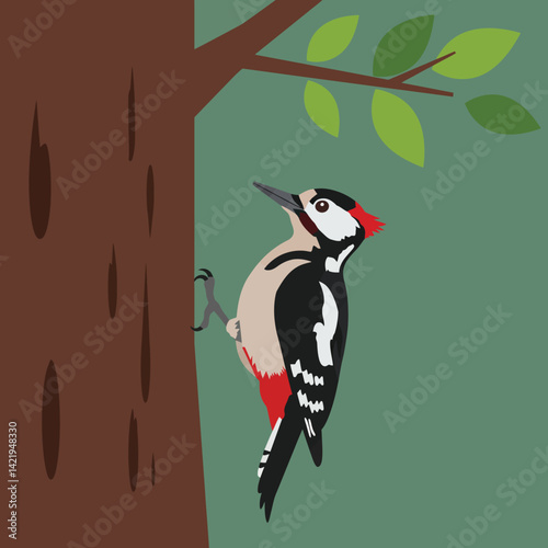 Woodpecker perched on tree trunk with green leaves in natural forest setting illustration 