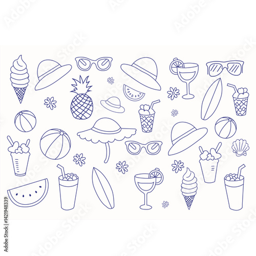 Doodle set of summer icon symbol hand drawn vector illustration. Beach vacation travelling concept isolated on white background.
