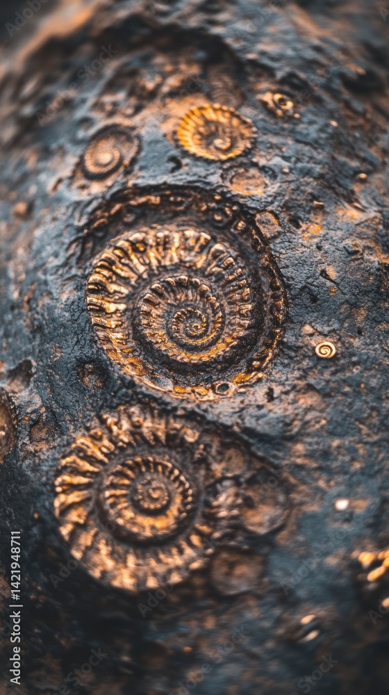 Ancient Spiral Fossils Embedded in Stone: A Macro Photography of Ammonites