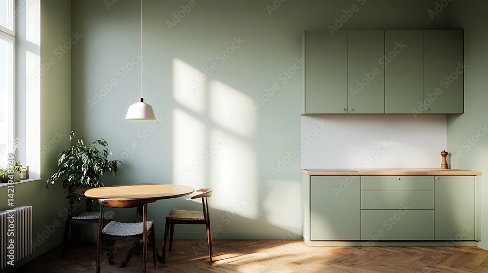 Serene Kitchen Interior Featuring a Round Wooden Table, Green Cabinets, Pendant Light, and Light-Filled Window with a Houseplant.