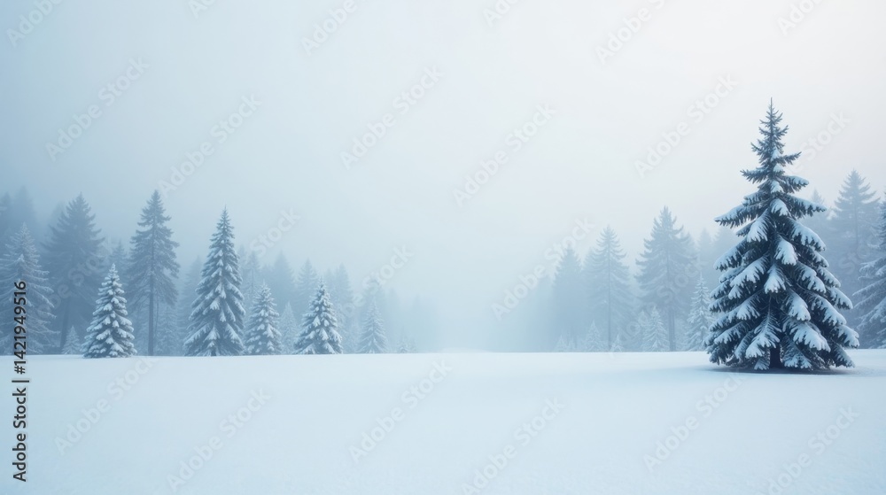 Fototapeta premium Serene Winter Landscape Snow-Covered Evergreens in a Misty Forest Meadow