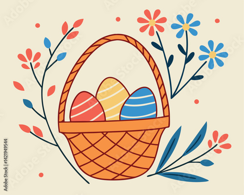 Cute Easter Basket with Decorated Eggs and Spring Flowers Illustration