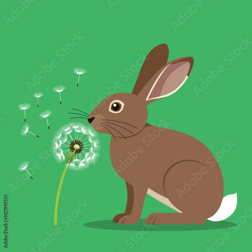 Brown rabbit sitting near dandelion blowing seeds on green background with natural wildlife scene 