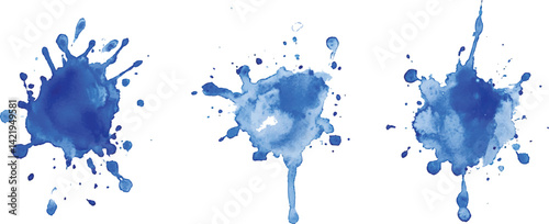 3 set of blue watercolor brush strokes isolated on a white background. vector watercolor paint splashes flowing ink blots and dynamic color textures on a clean white background modern design.