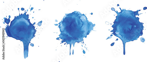 3 set of blue watercolor brush strokes isolated on a white background. vector watercolor paint splashes flowing ink blots and dynamic color textures on a clean white background modern design.