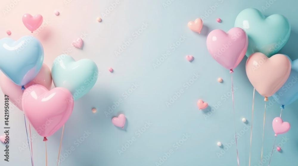 Pastel Heart-Shaped Balloons Floating on a Light Blue Background A Delightful Celebration Pastel Heart-Shaped Balloons Floating on a Light Blue Background A Delightful Celebration
