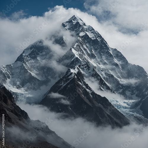 K2 shrouded in mist and mystery, where the mountain vanishes into the clouds, becoming an illusion of white, gray, and ghostly blue.