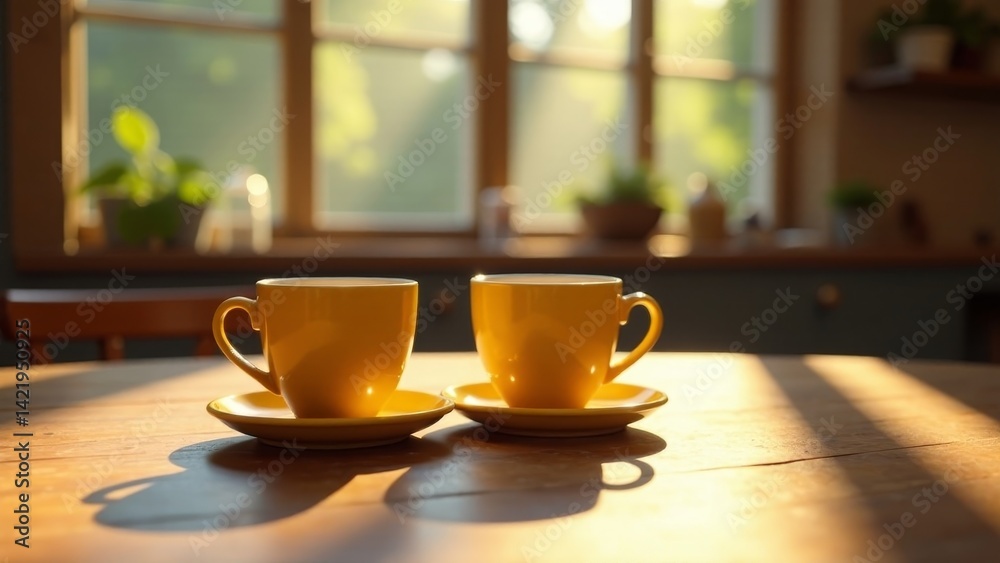 Golden Hour Coffee Break Two mugs of warmth on a sunlit wooden table, reflecting the tranquil morning light filtering through a window, creating a serene and inviting atmosphere. Golden Hour Coffee Break Two mugs of warmth on a sunlit wooden table, reflecting the tranquil morning light filtering through a window, creating a serene and inviting atmosphere.
