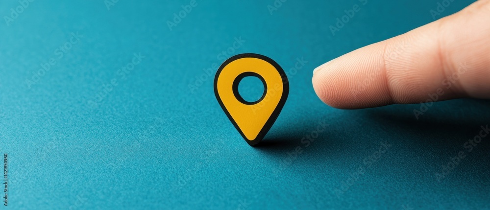 Location Pointer, Finger Near Yellow Map Pin on Teal Background, GPS Navigation Concept