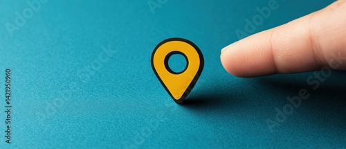 Location Pointer, Finger Near Yellow Map Pin on Teal Background, GPS Navigation Concept