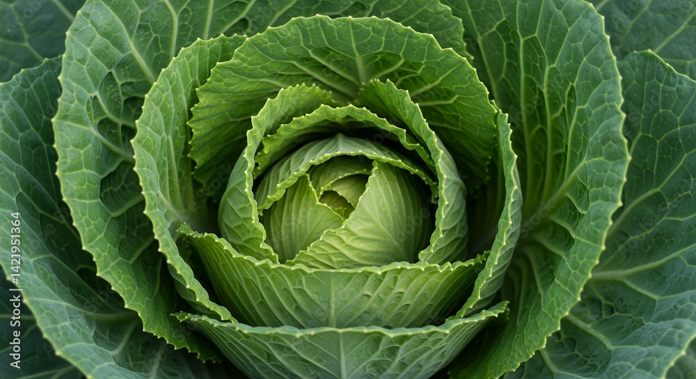 Fototapeta premium Detailed Green Cabbage Close Up Featuring Concentric Leaf Layers and Intricate Veins Highlighting Fresh Organic Texture Perfect for Healthy Eating and Vegetarian Themes