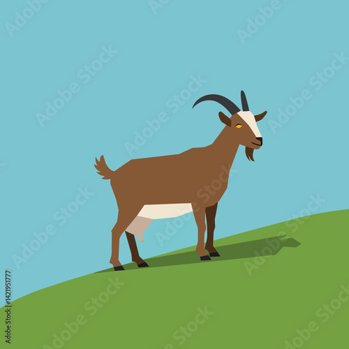 Brown goat standing on green hill under blue sky vector illustration in natural landscape scene 