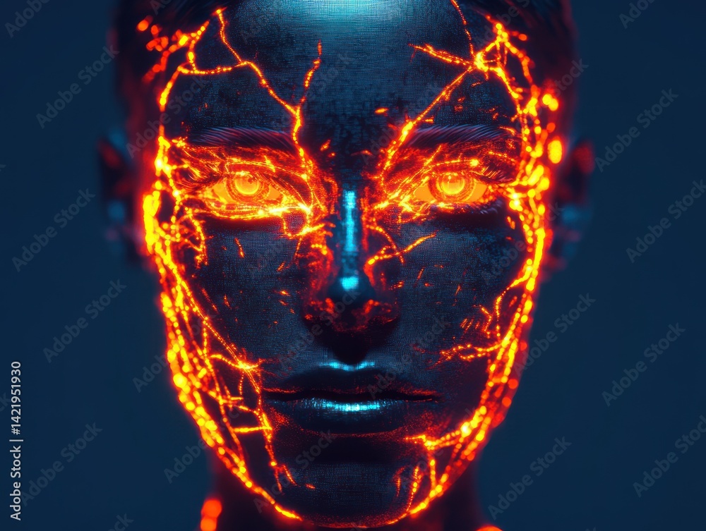 Fiery Digital Portrait: A Glowing Woman's Face