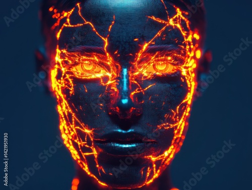 Obraz na płótnie Fiery Digital Portrait: A Glowing Woman's Face w salonie