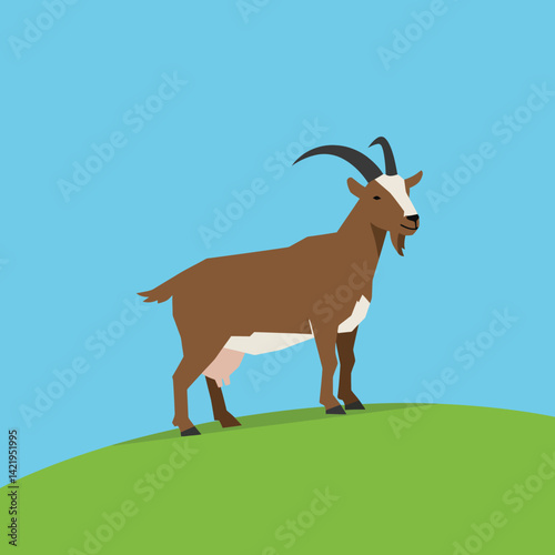 Brown goat standing on green hill under clear blue sky vector illustration 