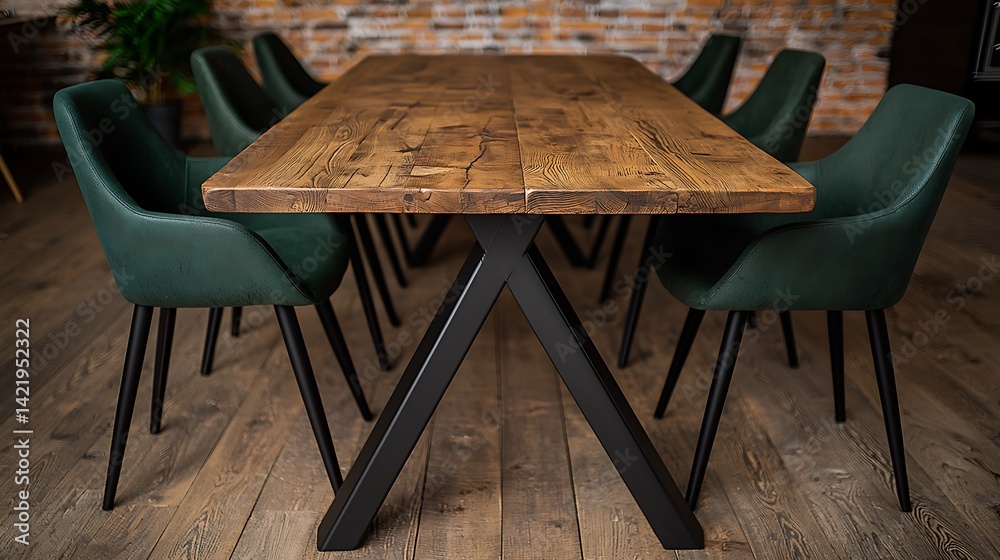 Stylish Dining Space: Modern Wooden Table with Green Chairs, Industrial Design for Elegant Interior Decoration and Comfortable Seating.