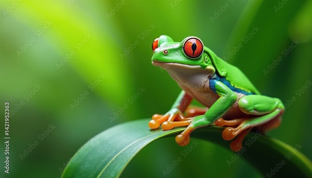 Fototapeta premium Green tree frog perched on white, vibrant color , nature, wildlife