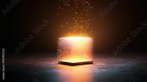 Mysterious Box: A glowing cubic object emits radiant particles against a dark backdrop, suggesting a treasure chest or container filled with energy. Capturing themes of mystery, potential, and wonder.