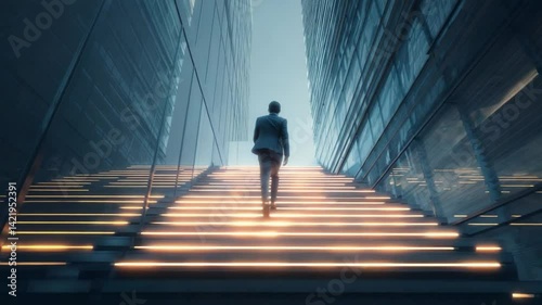 Ascending Towards Success: An individual strides purposefully up a grand staircase framed by imposing modern architecture, suggesting a journey of ambition and progress.