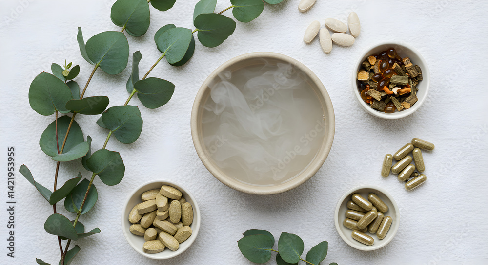 Fototapeta premium Capsules and leaves for holistic lung care