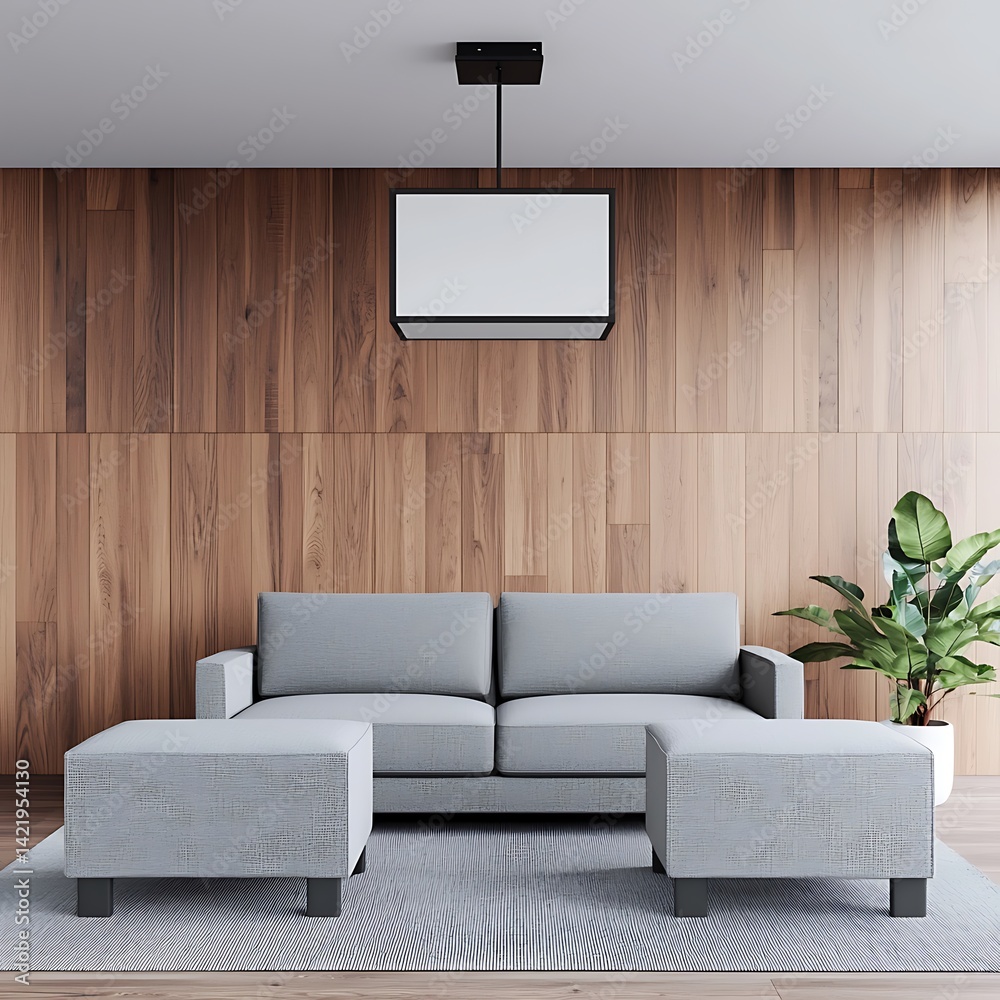 Stylish Living Room Decor Featuring Gray Sofa, Ottoman Seating, Wood Wall Panels, Modern Lighting, and Green Plant.