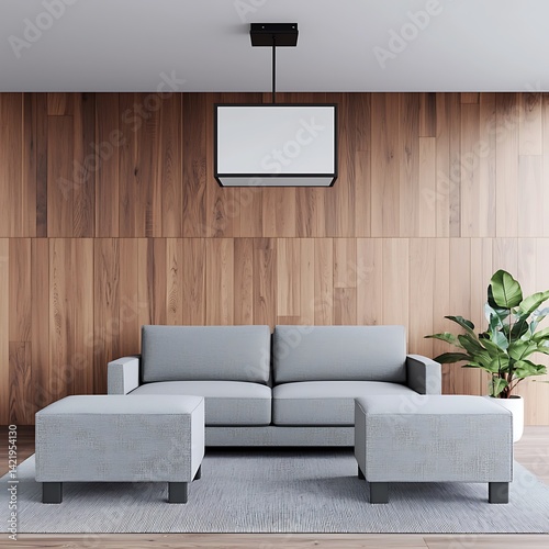 Obraz na płótnie Stylish Living Room Decor Featuring Gray Sofa, Ottoman Seating, Wood Wall Panels, Modern Lighting, and Green Plant. w salonie