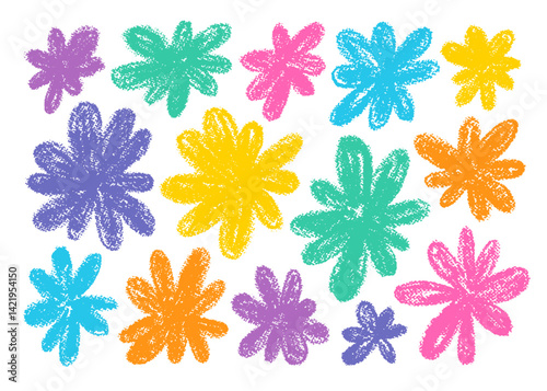 Flower crayon kid drawing. Spring summer pastel chalk pattern. Cute color doodle daisy chamomile flowers. Hand drawn child pencil bg. Childish background illustration. Floral kid element, crayon plant
