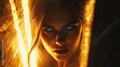 A charming female adventurer with deep blue eyes, standing in front of a shining portal. background wallpaper AI generated image