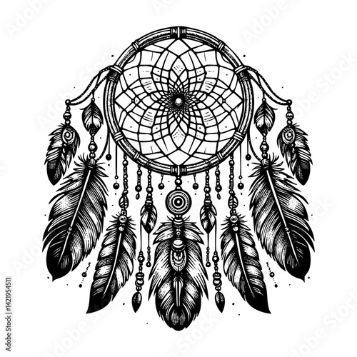 Dream catcher sketch engraving black and white outline. Scratch board imitation.  illustrated in vintage line art style on a white background.