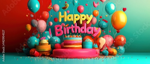 Happy Birthday! Colorful Balloons, Cake, and Sweets Celebration