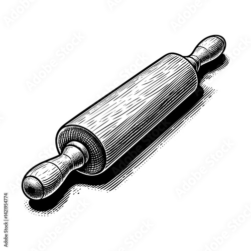 Rolling pin sketch engraving black and white outline. Scratch board imitation.