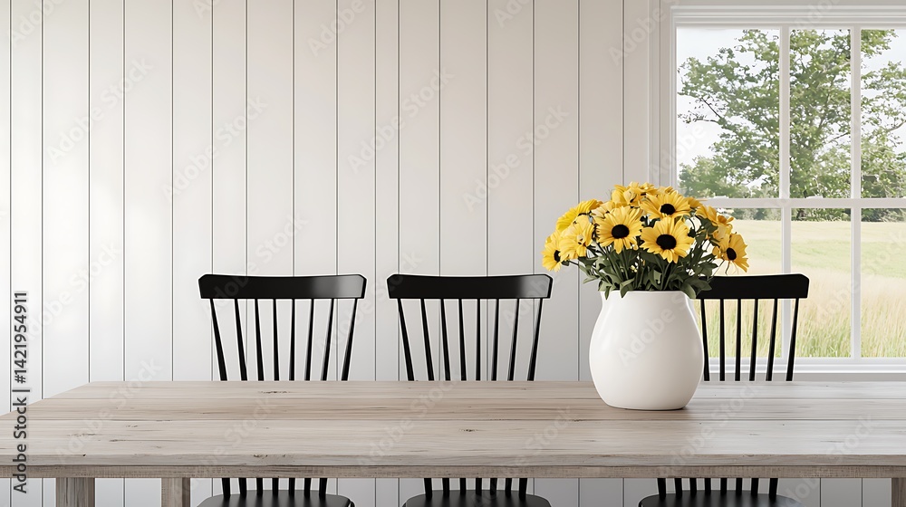 Sunflowers in Vase on Wooden Table with Chairs and Bright Window View, Minimalist Room.