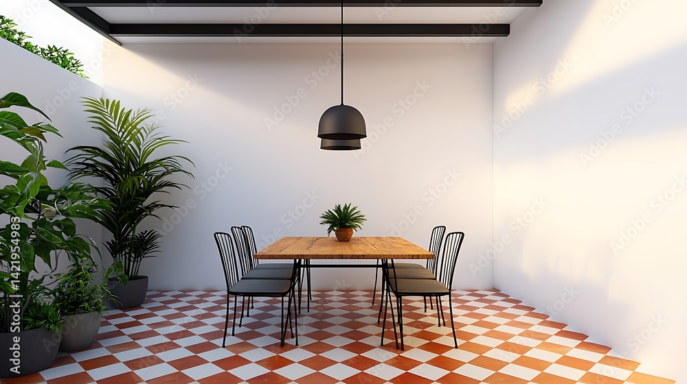 Sunlit Courtyard Dining Space: Wooden Table, Minimalist Chairs, Pendant Light, and Lush Potted Plants in a White-Walled Room.