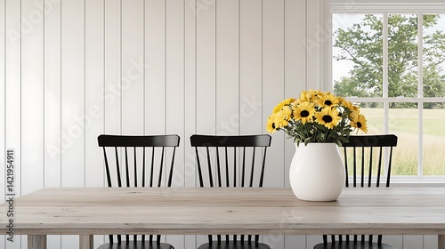 Sunflowers in Vase on Wooden Table with Chairs and Bright Window View, Minimalist Room.