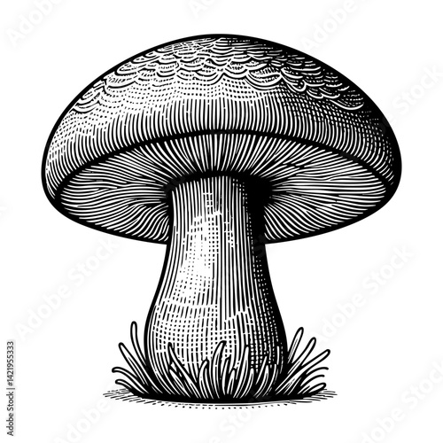 mushroom engraving black and white outline. Scratch board imitation.