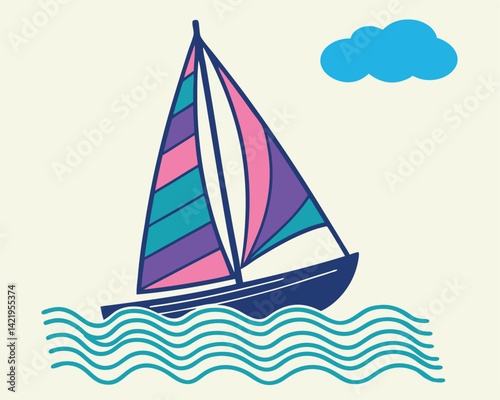 Simple Sailboat on Waves with Cloud Illustration Travel Graphic
