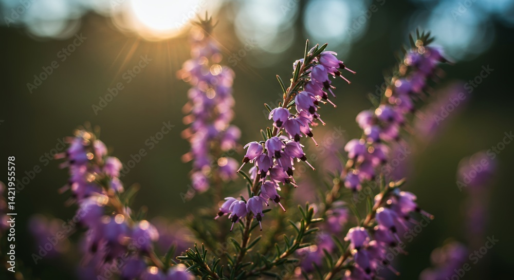 Fototapeta premium Heather Erica Cinerea Exhibiting Purple Flower Clusters in Golden Sunlight Captured in Close Up Details Creating a Beautiful Natural Scene During Early Evening Hours