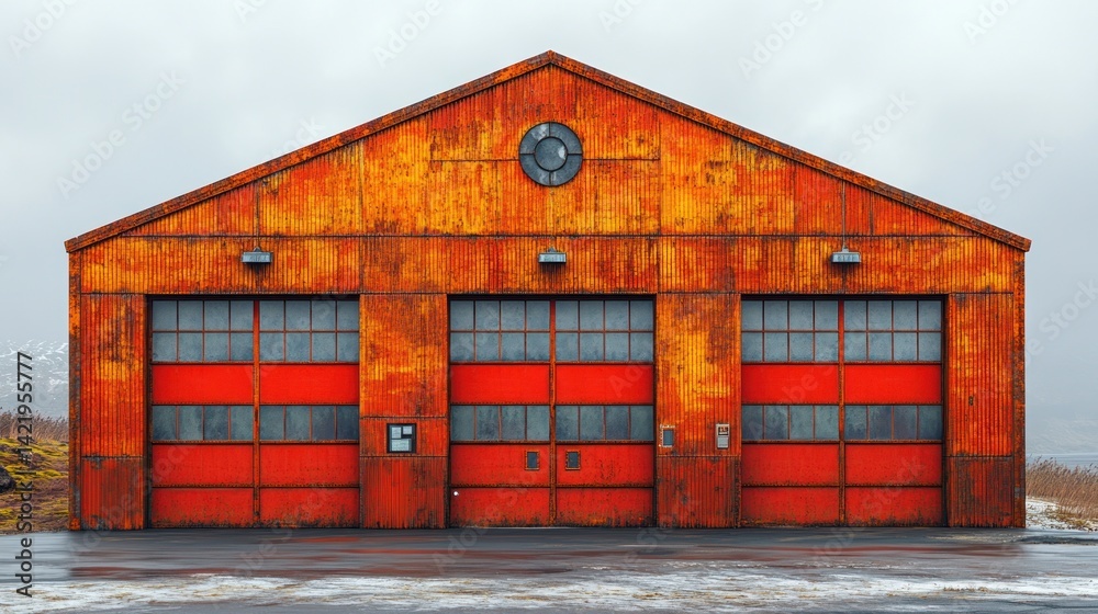 Rusted orange building with three large red garage doors. Rusted orange building with three large red garage doors.