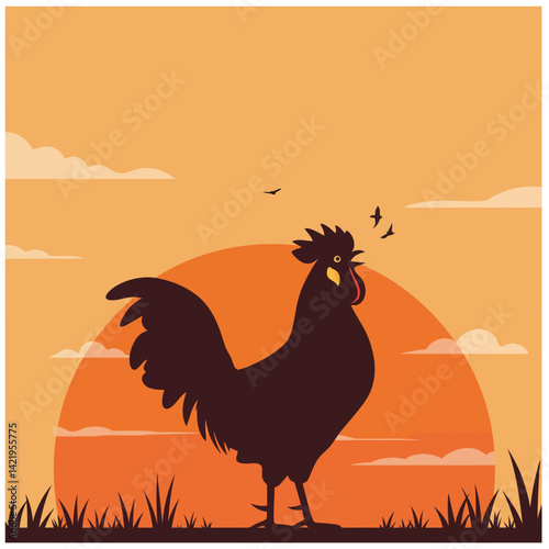 Rooster silhouette against orange sunset with birds and grass vector illustration in natural landscape scene 