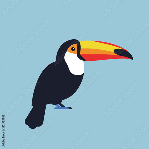 Toucan bird with large colourful beak vector illustration on blue background in flat design style
