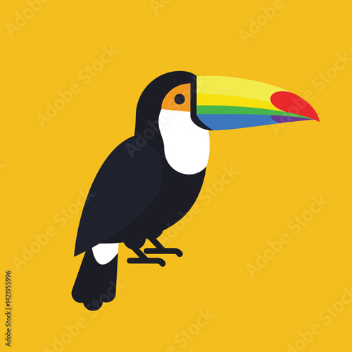 Toucan bird with colorful beak on yellow background vector illustration in flat design style 