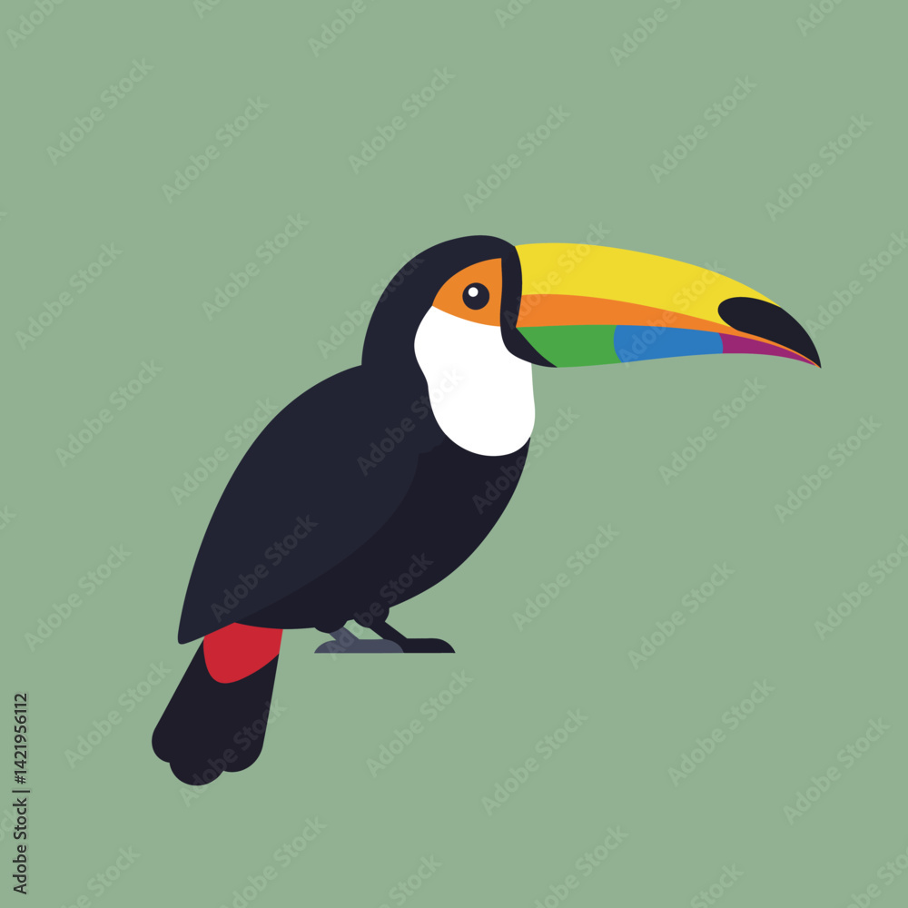 Fototapeta premium Toucan bird with colorful beak vector illustration on green background in flat design style 